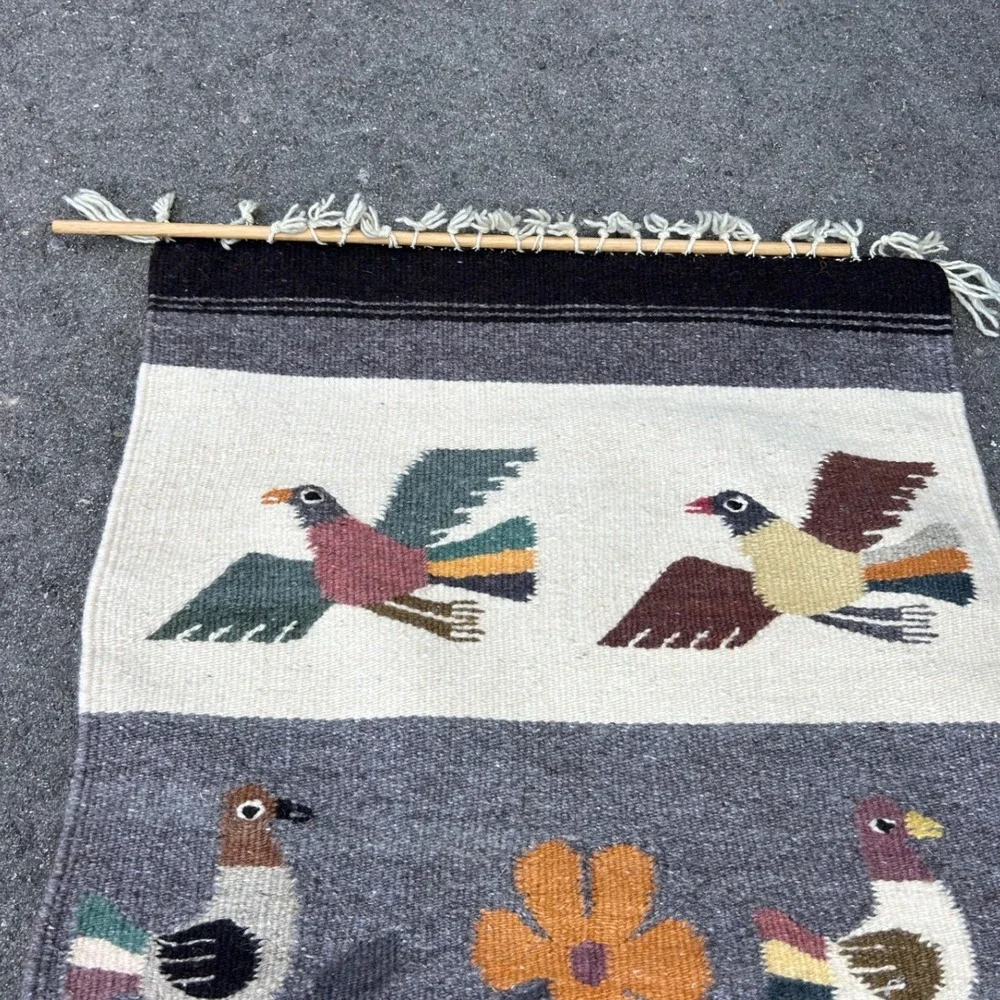 Vintage Handwoven Wool Bird Folk Art Wall Hanging Tapestry with Dowels 15x28